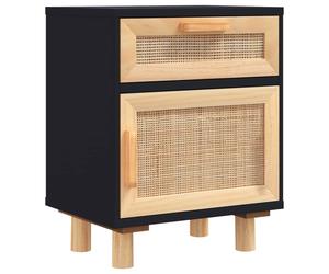 vidaXL Bedside Cabinet - Classic Black Solid Wood End Table with Drawer, compartments, Sturdy Top and Natural Rattan Design for Elegant Home Decor