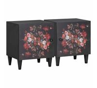 Bedside Cabinet Black Solid Mango Wood 40x33x46 cm Floral Brass Knob Single Door