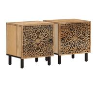 Bedside Cabinet Natural Mango Wood 40x33x46cm Hand-Carved Floral 2pc Retro Legs