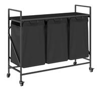 vidaxl black oak laundry basket with wheels - 3 compartments fabric hamper sorter with shelf for bedroom/laundry room 99x33x82 cm