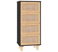 vidaXL Black Sideboard with Natural Rattan Weaving - Solid Pine Wood and Engineered Wood - 4-Drawer Storage Cabinet for Living Room and Bedroom - Scandinavian Style