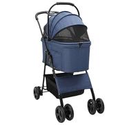 vidaXL Blue 4 Wheels Oxford Fabric Stroller Foldable Waterproof (32" x 18.5" x 39") with Safety Brake for Dog and Cat