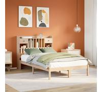 Bookcase Bed Double 135x190cm Solid Pinewood Natural with Storage Headboard Slim