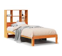 Brown Solid Pinewood Bookcase Bed 100x200cm Slatted Base Headboard Storage