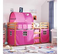 Bunk Bed Solid Pine Wood Light Brown & Pink Curtains 80x200 cm Kids with Ladder
