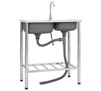 Vidaxl Camping Sink Double Basins With Tap Stainless Steel, Silver