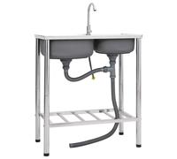 vidaXL Camping Sink Double Basins with Tap Stainless Steel