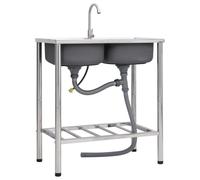 Vidaxl Camping Sink Double Basins With Tap Stainless Steel, Silver
