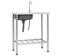vidaXL Stainless Steel Camping Sink with Single Basin - Portable Outdoor Kitchen Utility Sink with Drainer & Tap - Silver