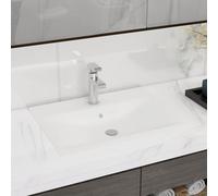 vidaXL White Ceramic Basin Sink for Bathroom, Rectangular Design with Faucet Hole, Built-in or Wall-Mounted, Easy-to-Clean, Modern Yet Elegant Style