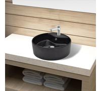 vidaXL Ceramic Bathroom Sink Basin Faucet/Overflow Hole Black Round Fixture