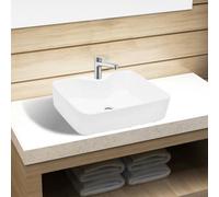 vidaXL White Ceramic Bathroom Sink Basin - Modern Design Square Sink for Bathroom, Washroom, Powder Room with Included Faucet Hole, Easy-Clean Surface