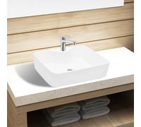 vidaXL Ceramic Bathroom Sink Basin with Faucet Hole White Square Counter Top