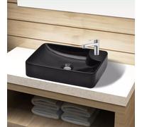vidaXL Ceramic Black Above-Counter Sink Basin with 3.5 cm Faucet Hole, 4.5 cm Drain, 440x250x100 mm (Code 141935)