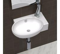 vidaXL Ceramic Bathroom Sink Basin White – Overflow Hole – Countertop or Wall-Mounted