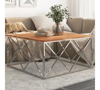 (silver, solid acacia wood) vidaXL Coffee Table End Table Sofa Table Stainless Steel and Tempered Glass