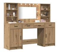 vidaXL Contemporary Vanity Table LED Mirror 78.5cm Oak Color Artisan Four Drawers Six Shelves Home Useful Furniture and Makeup Station Design Finish Bedroom