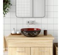'vidaXL Countertop Ceramic Basin in Striking Black and Red with Handmade Patterns, Durable and Easy-Clean Design, Ideal for Bathroom and Vanity Installation'