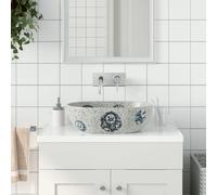 vidaXL Handmade Ceramic Countertop Basin - Grey and Blue Oval Shape, Impact & Stain Resistant with Unique Vintage Patterns, 47x33x13 cm