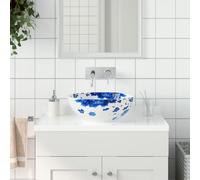 'vidaXL Round Ceramic Countertop Basin in White and Blue - Vintage Styled Handcrafted Bathroom and Washroom Sink
