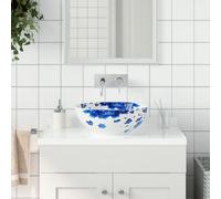 vidaXL Countertop Basin, Above Counter Bathroom Sink, Wash Basin for Lavatory Cloakroom Office, Vessel Sink, White and Blue Round Ceramic