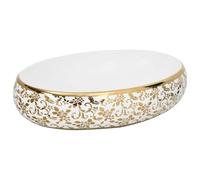 vidaXL Countertop Basin, Above Counter Bathroom Sink, Wash Basin for Lavatory Cloakroom Office, Vessel Sink, White and Gold Oval Ceramic