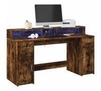 vidaXL Desk with LED Lights Smoked Oak 160x55x91 cm Engineered Wood