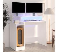 (White) vidaXL Desk with LED Lights Computer Table Study Writing Desk Engineered Wood