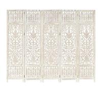 vidaXL Solid Mango Wood Hand carved 5-Panel Room Divider White 200cm Screen