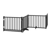 vidaXL Dog Gate with Door - Foldable 4-Panel Black Solid Fir Wood Pet Fence, Freestanding Barrier for Home Use