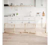 vidaXL Dog Gate with Door - Freestanding Foldable Four-Panel Pet Fence, Poplar Wood with Water-Based Paint, 320 cm Length, Brown, for Living Room, Kitchen, Stairs, Doorways