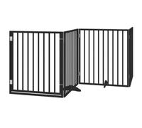 vidaXL Dog Gate with Door - Foldable 4 Panels, Black Poplar Wood, 80x90 cm Each Panel, Freestanding Pet Fence for Living Room/Kitchen/Stairs/Doorway