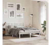vidaXL Double Metal Bed Frame with Headboard - White Steel Home Base, 135x190 cm for Bedroom, Breathable Slatted Support