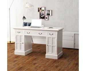 vidaXL Double Pedestal Computer Desk Table - White, 140x48x80 cm, 3 drawers + 2 cabinets, MDF & pinewood (244370)