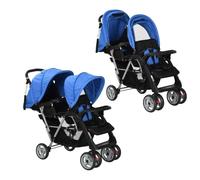 vidaXL Tandem Stroller Steel Blue and Black Child Toddler Pram Pushchair Buggy
