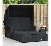 vidaXL Double Sun Lounger with Canopy and Cushions Black Poly Rattan