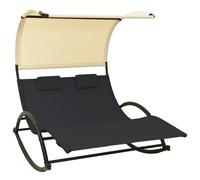 vidaXL Double Sun Lounger with Canopy and Pillows - Outdoor Rocking Daybed in Black and Cream Textilene and Steel Frame