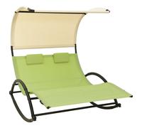 vidaXL Double Sun Lounger with Canopy - Durable Steel Frame and Breathable Textilene Fabric, Green and Cream Color - Includes Two Pillows for Extra Comfort