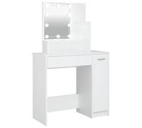 vidaXL Dressing Table in White with LED bulbs - Modern, Asymmetrical Design - Ample Storage with Open Shelves, a Drawer and a Side Cabinet, Made of Resistant Engineered Wood