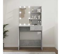 vidaXL Modern Asymmetrical Dressing Table with LED, Drawer and Shelves, Engineered Wood, Concrete Grey, Bedroom Furniture - 74.5x40x141 cm