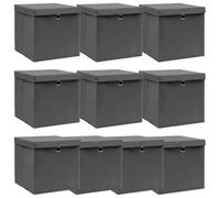 vidaXL Durable Grey Fabric Storage Boxes with Lids - Non-woven Material, Foldable, Convenient Metal Eyelet for Pull-out, 10 pcs 32x32x32 cm