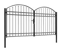 vidaXL Fence Gate Double Door with Arched Top Lockable Outdoor Fence Side Panel Wall Patio Barrier Drive Gate Steel 300x175cm Black