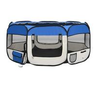 vidaXL Foldable Dog Playpen in Blue - Spacious and Portable Training Cage with Steel Frame, Netted Door and Roof, Zipper Closure, Side Pockets & Carrying Bag