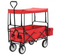 vidaXL Folding Hand Trolley with Canopy - Steel, Red, Garden Cart Wagon, 75 kg Load, 360° Wheels, Foldable