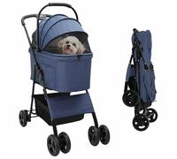 vidaXL Blue 4 Wheels Oxford Fabric Stroller Foldable Waterproof (32" x 18.5" x 39") with Safety Brake for Dog and Cat
