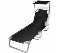 vidaXL Black Outdoor Fold-Up Sun Lounger With Canopy | Outdoor Foldable Garden Sunbed