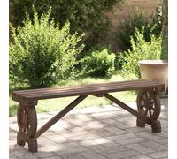 vidaXL Garden Bench - Solid Fir Wood with Burnt Look, Wagon Wheel Armrests, Outdoor Patio Loveseat, 115x28x39.5 cm