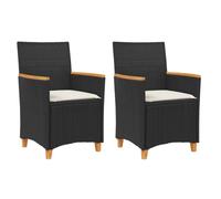 vidaXL Garden Chairs with Cushions - 2 pcs Black Poly Rattan, Solid Wood, Weather-Resistant Outdoor Seating for Patio/Deck