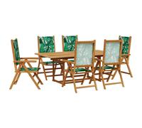 vidaXL Garden Dining Set 7 Piece Chairs Leaf Pattern Fabric and Solid Wood
