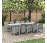 Garden Dining Set 11pc Light Grey Poly Rattan 300x100cm Rectangular Table +Cush